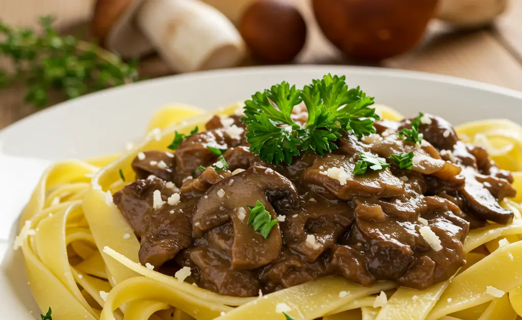 A beautifully prepared dish of fresh pasta is generously coated with a rich and earthy porcini mushroom sauce, ready to be enjoyed.