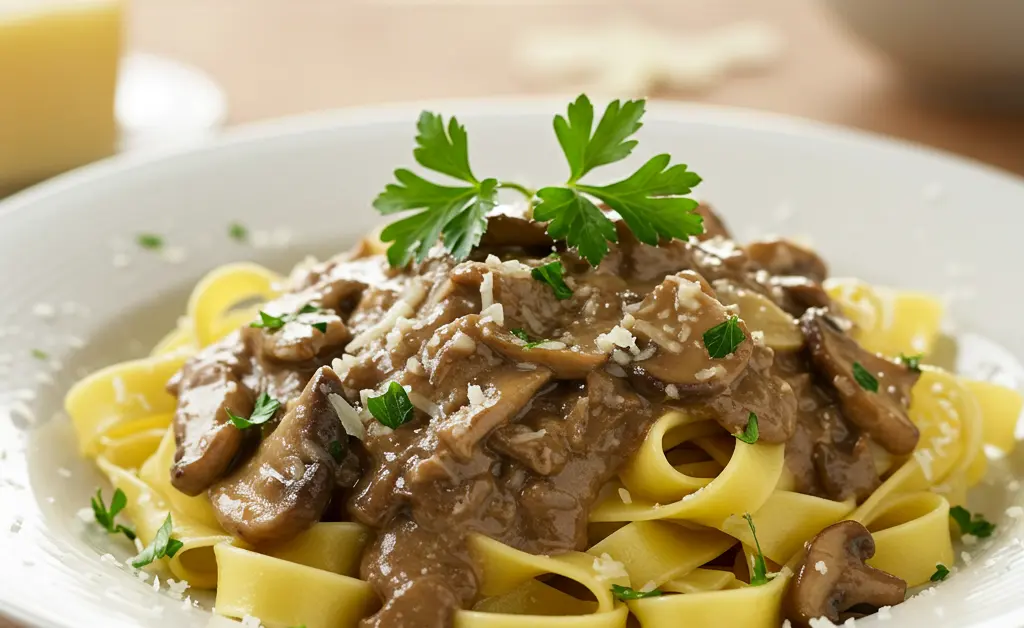 A luxurious pasta dish, expertly plated, is generously coated with a rich, velvety porcini mushroom sauce, highlighting its gourmet appeal.