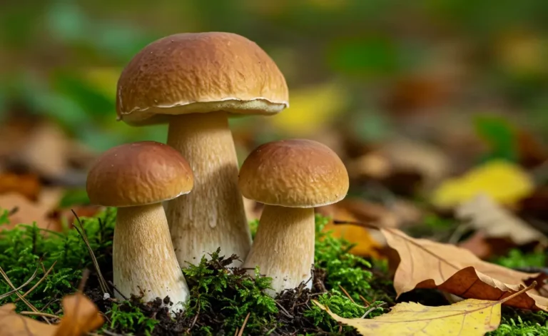 An exquisite close-up photograph captures a cluster of vibrant porcini mushrooms nestled among damp autumn leaves and moss on a forest floor, symbolizing the heart of the porcini mushroom season.