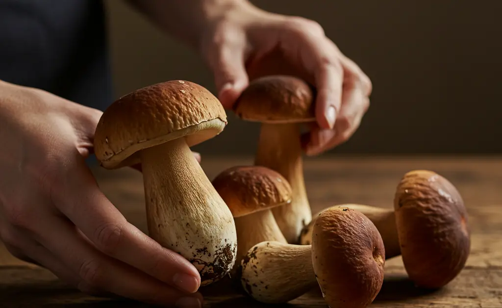 A person thoughtfully examines fresh porcini mushrooms held in their hands, considering potential porcini mushroom side effects before preparation.