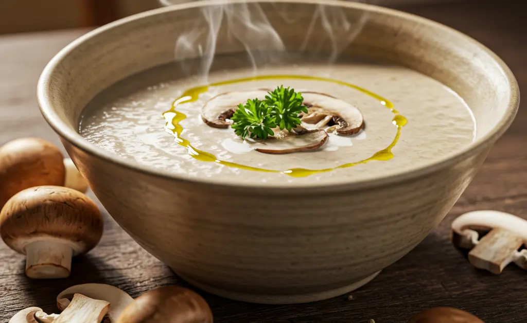 A steaming bowl of rich porcini mushroom soup, garnished with fresh herbs, is beautifully presented on a rustic wooden table, conveying warmth and comfort.