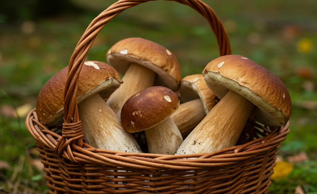 A collection of freshly gathered porcini mushroom uk specimens sits in a rustic basket, surrounded by dappled light in a verdant woodland.