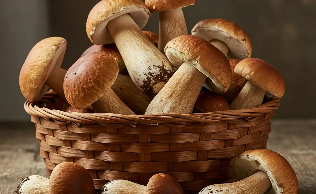 A bountiful harvest of fresh, wild porcini mushroom usa fills a rustic woven basket, ready for culinary exploration.