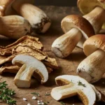 A close-up editorial photograph showcasing an artful arrangement of fresh and dried porcini mushrooms on a rustic wooden cutting board, illustrating the diverse culinary porcini mushroom uses.