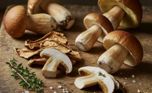 A close-up editorial photograph showcasing an artful arrangement of fresh and dried porcini mushrooms on a rustic wooden cutting board, illustrating the diverse culinary porcini mushroom uses.