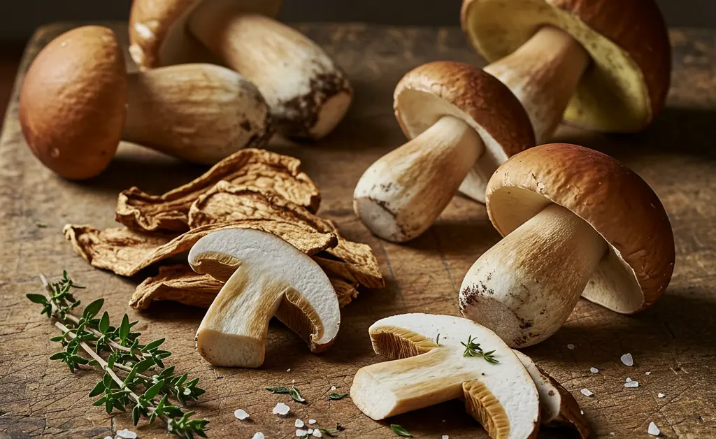 A close-up editorial photograph showcasing an artful arrangement of fresh and dried porcini mushrooms on a rustic wooden cutting board, illustrating the diverse culinary porcini mushroom uses.