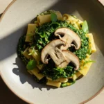 An overhead shot captures a vibrant and flavorful porcini mushroom vegetarian dish, elegantly presented on a light wooden table, highlighting its rich textures and natural ingredients.