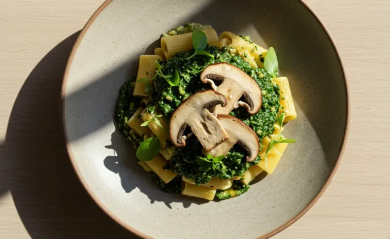 An overhead shot captures a vibrant and flavorful porcini mushroom vegetarian dish, elegantly presented on a light wooden table, highlighting its rich textures and natural ingredients.
