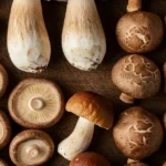 This detailed culinary photograph showcases the visual differences between porcini mushroom vs shiitake arranged on a rustic wooden surface.