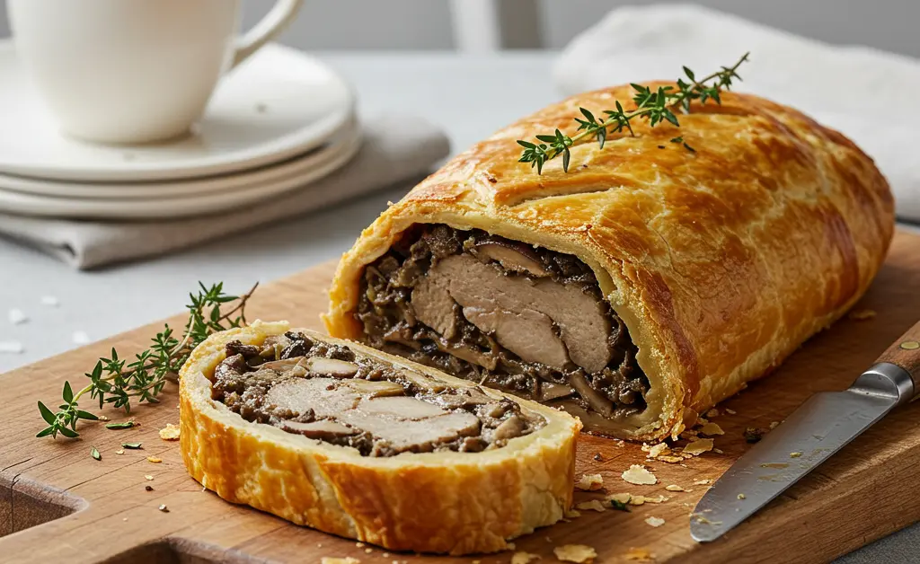A beautifully golden-brown and perfectly flaky porcini mushroom wellington, elegantly sliced to reveal its rich, earthy filling, rests on a rustic wooden board amidst fresh herbs, ready to be served.