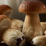 A stunning, high-resolution close-up features several freshly harvested porcini mushrooms jumbo arranged artistically on a rustic wooden surface, highlighting their impressive size and earthy textures.