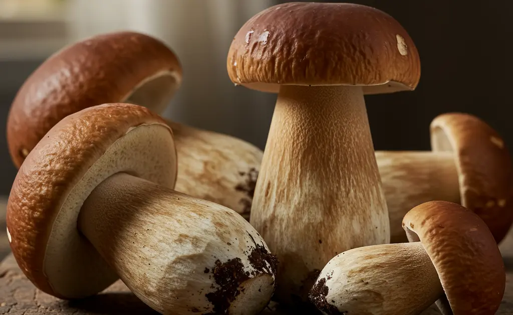 A stunning, high-resolution close-up features several freshly harvested porcini mushrooms jumbo arranged artistically on a rustic wooden surface, highlighting their impressive size and earthy textures.