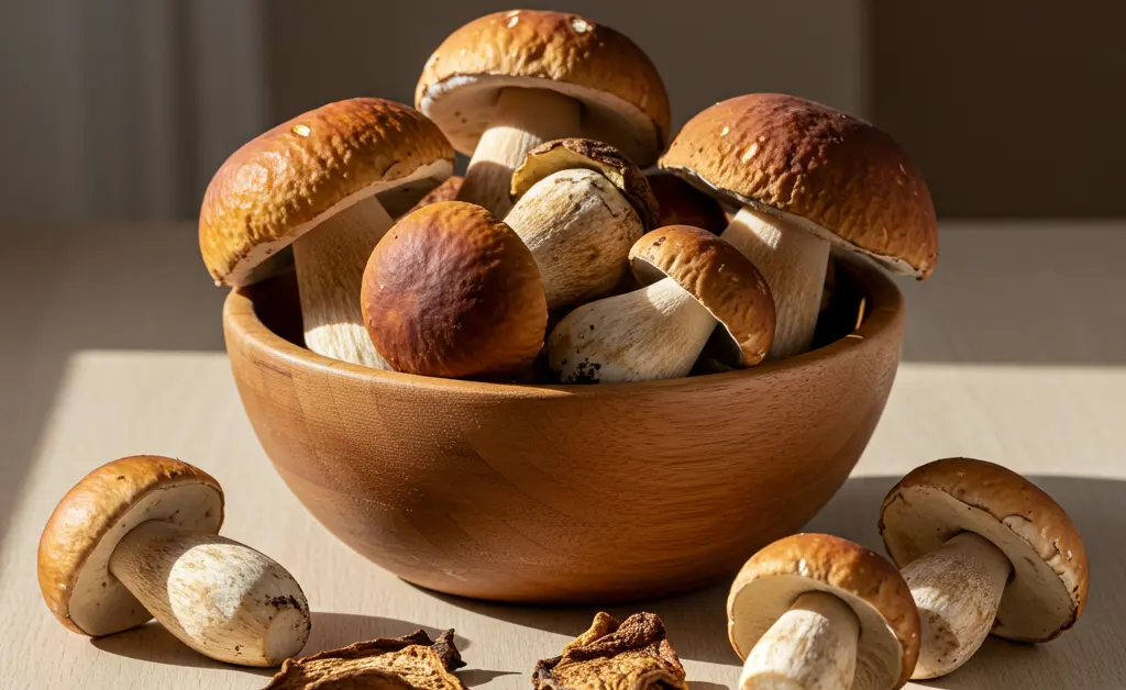 A rustic wooden bowl holds a mix of fresh and dried porcini mushrooms woolworths customers might find in a gourmet section, highlighting their earthy texture.