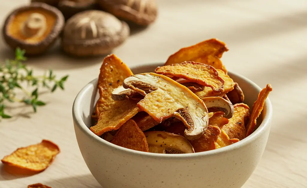 A close-up, enticing view of a bowl overflowing with golden-brown, perfectly crunchy shiitake mushroom crisps, presented as a healthy and savory snack option on a natural wooden surface.