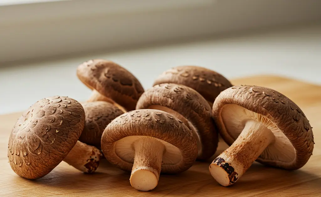 A rustic, editorial photograph captures a handful of fresh, earthy shiitake mushrooms on a wooden surface, relevant to discussions about shiitake mushroom dermatitis.