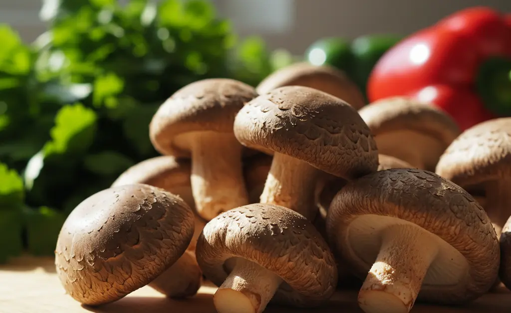 A close-up shot of fresh shiitake mushrooms on a wooden cutting board with other healthy ingredients, representing nutritious dietary considerations for shiitake mushroom during pregnancy.