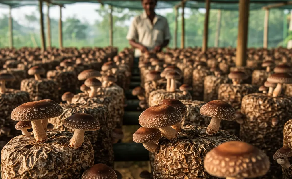 A close-up view of fresh shiitake mushrooms growing abundantly on logs represents the thriving practice of shiitake mushroom farming in india.