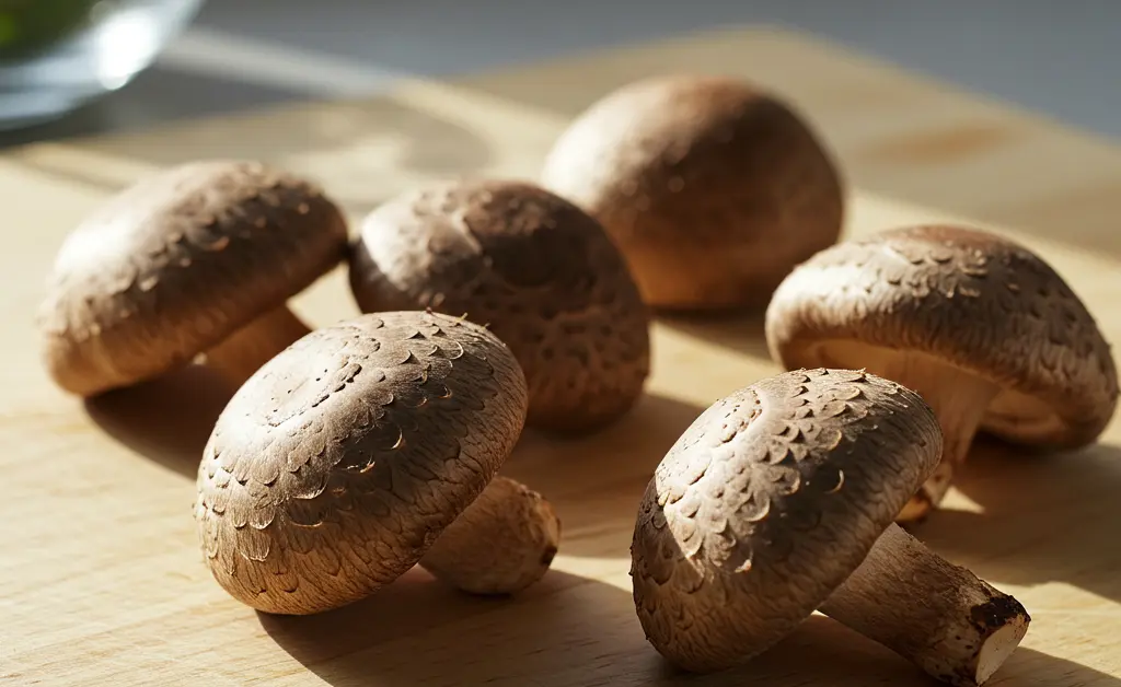 A close-up, high-angle shot of fresh, whole shiitake mushrooms carefully arranged on a light, rustic wooden surface, symbolizing the thoughtful consideration of their shiitake mushroom fodmap status in healthy dietary planning.