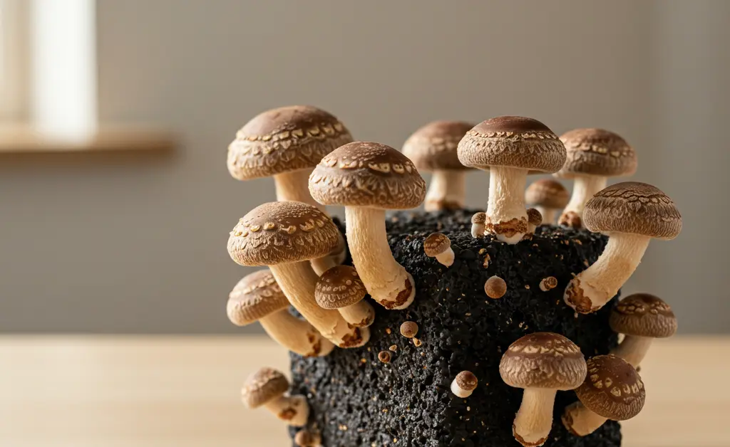A compact shiitake mushroom growing kit sits on a light-colored kitchen counter, showcasing fresh shiitake mushrooms emerging from the block.