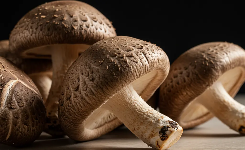 A close-up, photorealistic image captures the earthy texture and distinct cap of a beautiful shiitake mushroom in chinese culinary presentation.