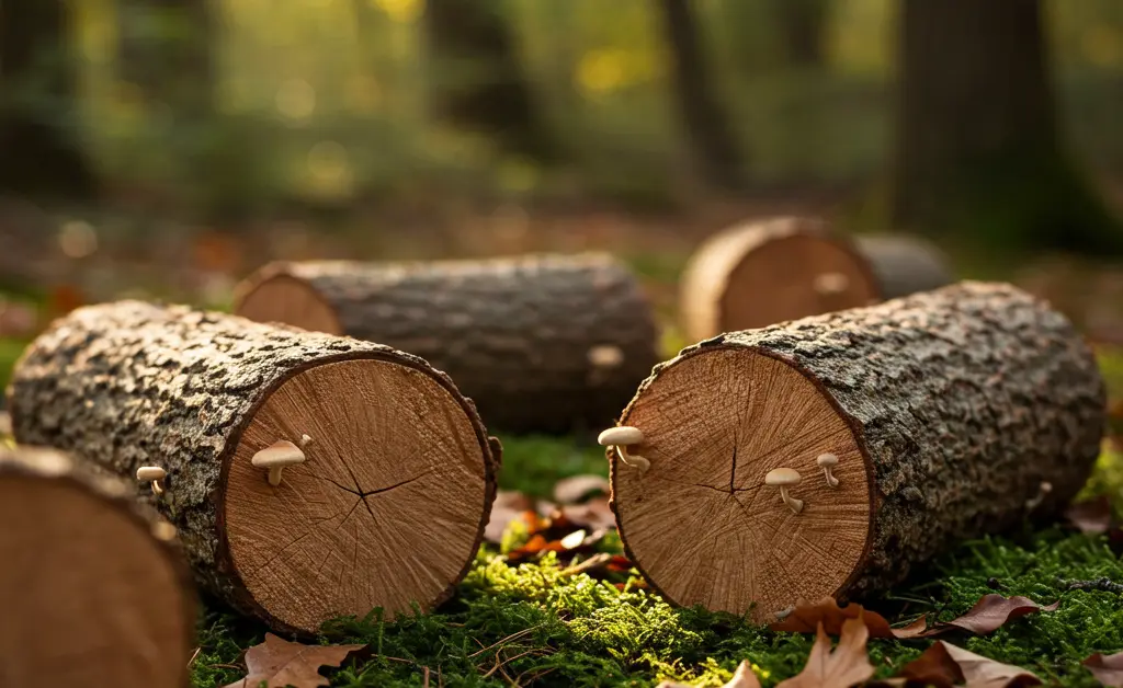 Newly prepared shiitake mushroom logs are carefully arranged on a forest floor, bathed in soft, dappled sunlight, symbolizing sustainable home cultivation.