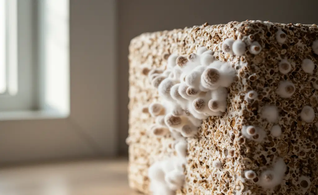A close-up shot showcasing healthy, white mycelium of shiitake mushroom spawn actively colonizing a sterilized hardwood substrate block, ready for inoculation.