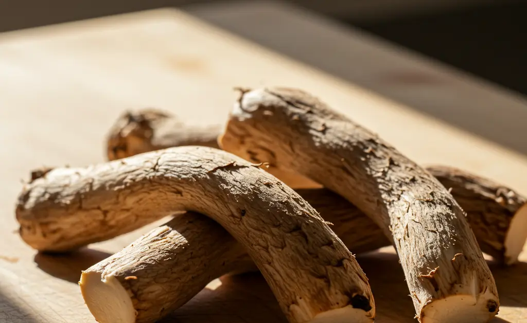 A close-up shot highlights the texture and culinary potential of shiitake mushroom stems on a wooden cutting board, ready for various preparations.