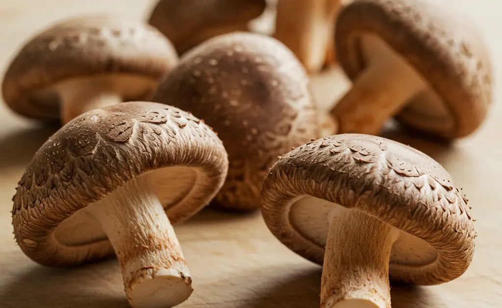 A beautifully composed close-up captures fresh, earthy shiitake mushrooms arranged on a rustic wooden surface, highlighting the quality produce available through a reliable shiitake mushroom store locator.