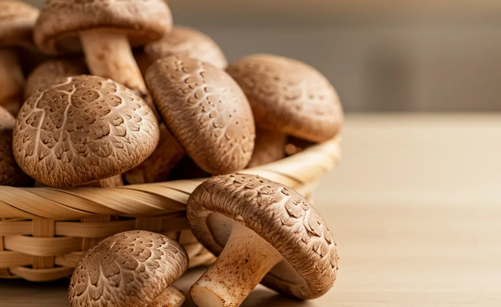 A vibrant close-up of fresh, high-quality shiitake mushrooms in a rustic basket, ready to be discovered with the help of a comprehensive shiitake mushroom store locator.
