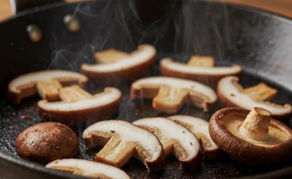 A close-up, editorial photograph of thinly sliced shiitake mushrooms sizzling gently in a cast-iron pan, emphasizing their distinct texture and inviting aroma that defines the unique shiitake mushroom taste.