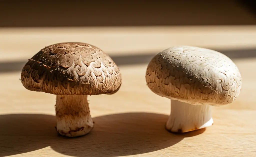 A detailed close-up shot on a clean, light-colored kitchen surface showcases the visual distinctions between shiitake mushroom vs button mushroom, arranged for a comparative culinary display.