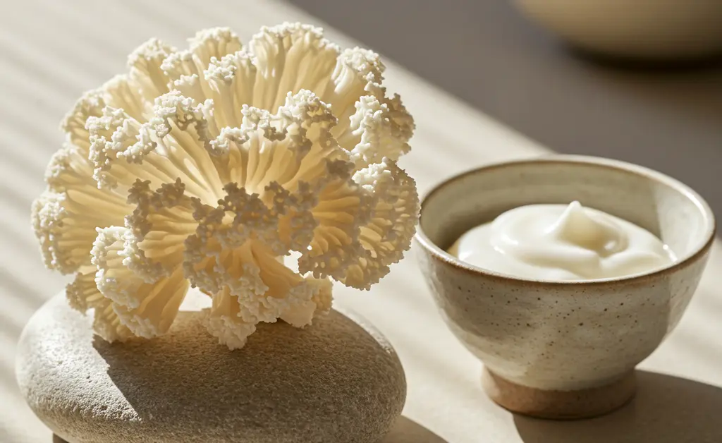 A pristine, translucent tremella mushroom is delicately arranged on a smooth, light-colored stone next to a small, unbranded ceramic dish containing a natural, creamy substance, symbolizing a gentle, holistic approach to addressing tremella mushroom acne.