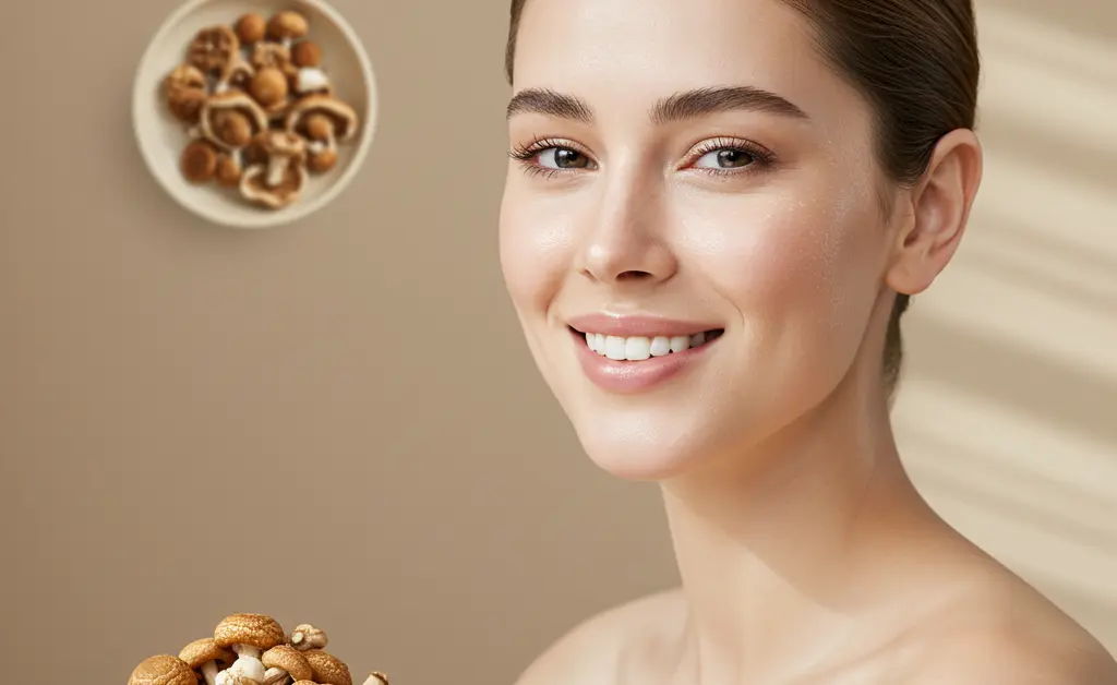A woman with radiant, healthy skin reflects the sought-after benefits of tremella mushroom anti aging.