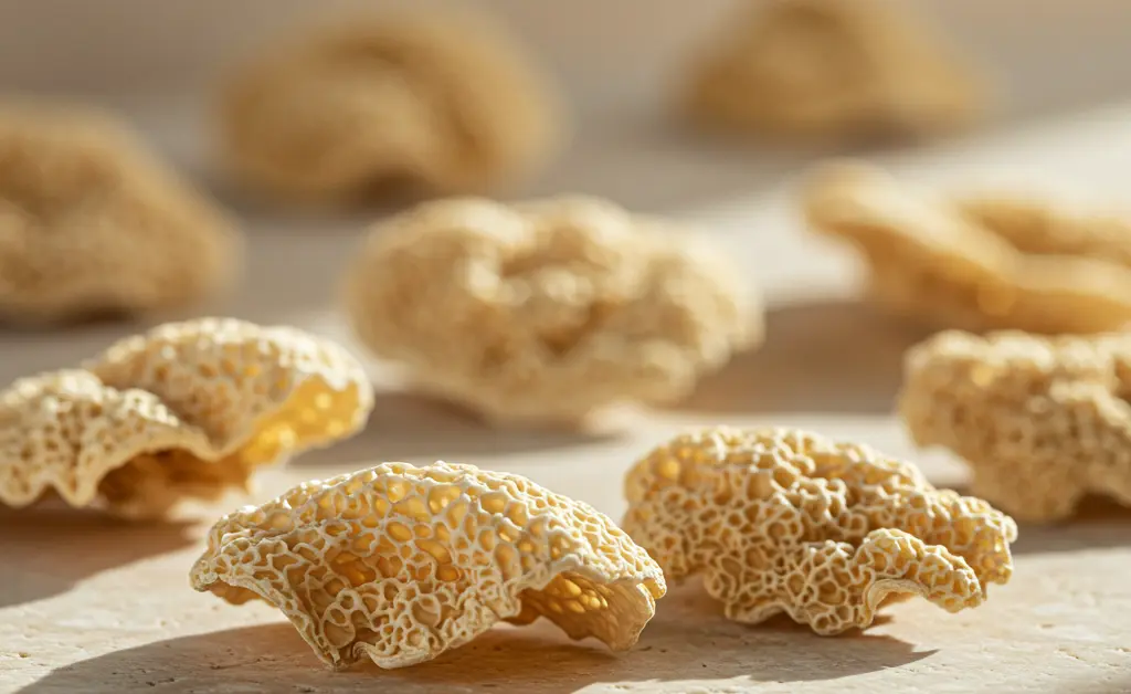 A close-up shot of dried tremella mushroom australia, beautifully arranged on a light, natural stone surface, symbolizing its use in health and beauty products.