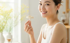 A serene woman with radiant, healthy skin thoughtfully considers the diverse tremella mushroom benefits for women, including enhanced hydration and overall vitality.