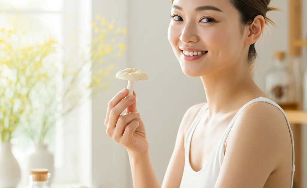 A serene woman with radiant, healthy skin thoughtfully considers the diverse tremella mushroom benefits for women, including enhanced hydration and overall vitality.