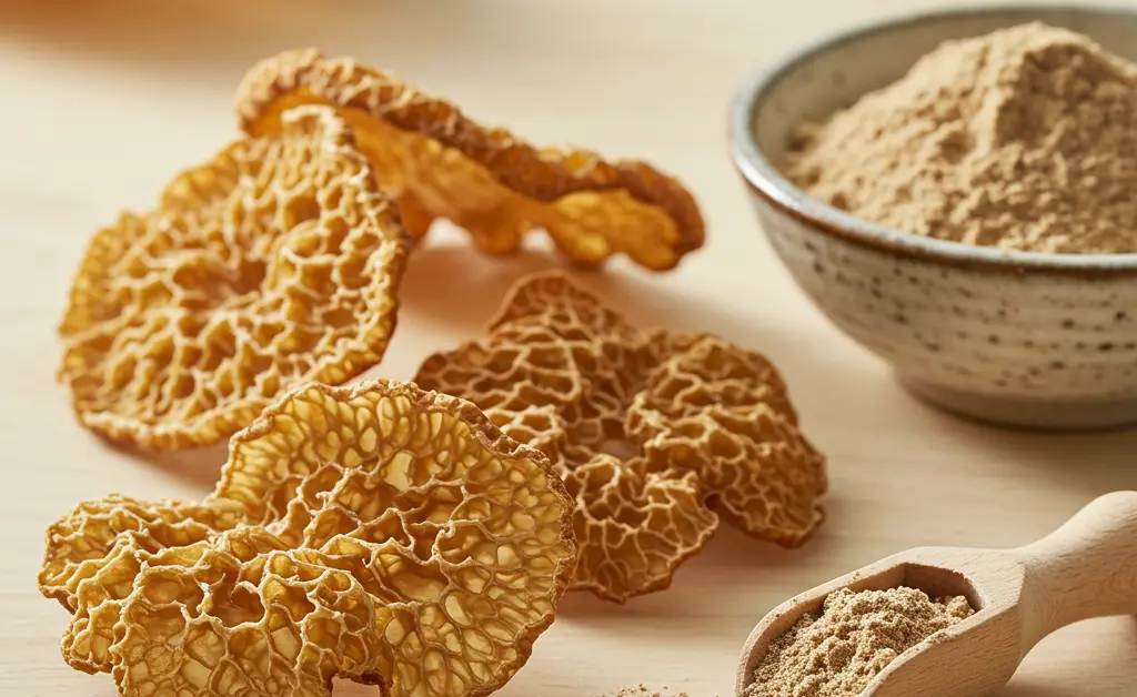 A close-up shot features delicate, dried tremella mushrooms meticulously arranged on a natural wood surface, symbolizing the availability of tremella mushroom canada for health and wellness.