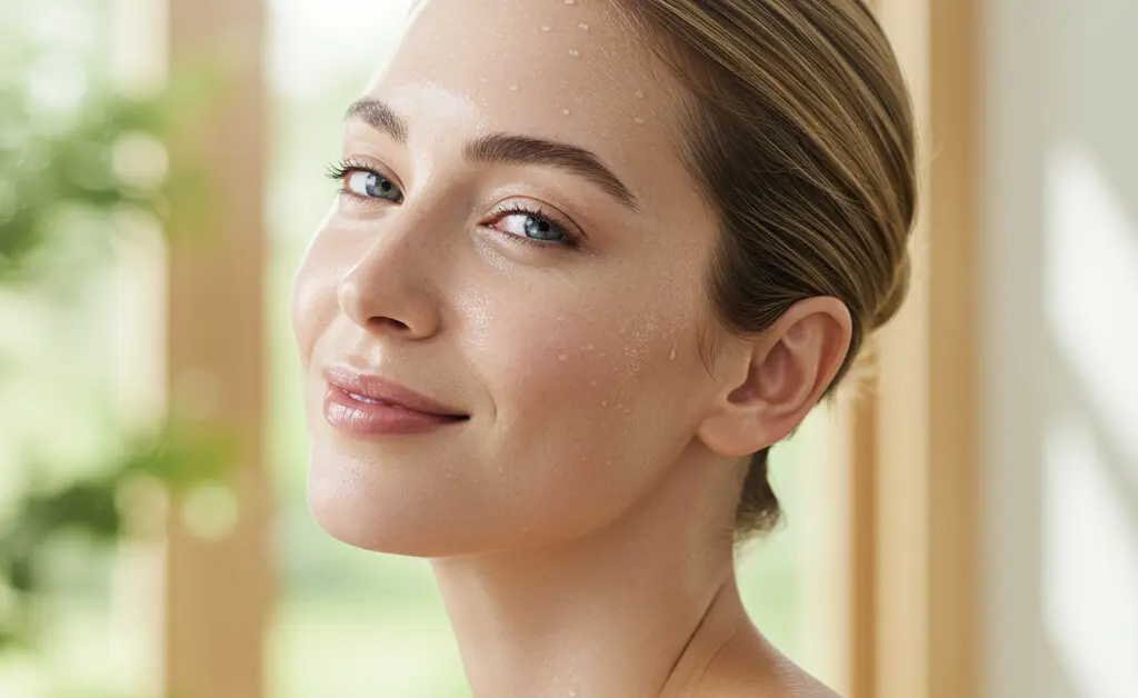 A woman with radiant, dewy skin, exemplifying the natural hydrating benefits of tremella mushroom extract for a healthy glow.