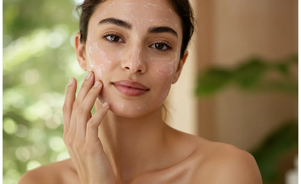 A young woman with radiant, healthy skin gently applies a smooth tremella mushroom face mask in a serene, sunlit bathroom.