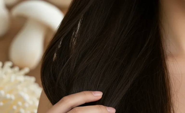 A young woman gently touches her long, lustrous hair, emphasizing the natural benefits of tremella mushroom for hair care routines.