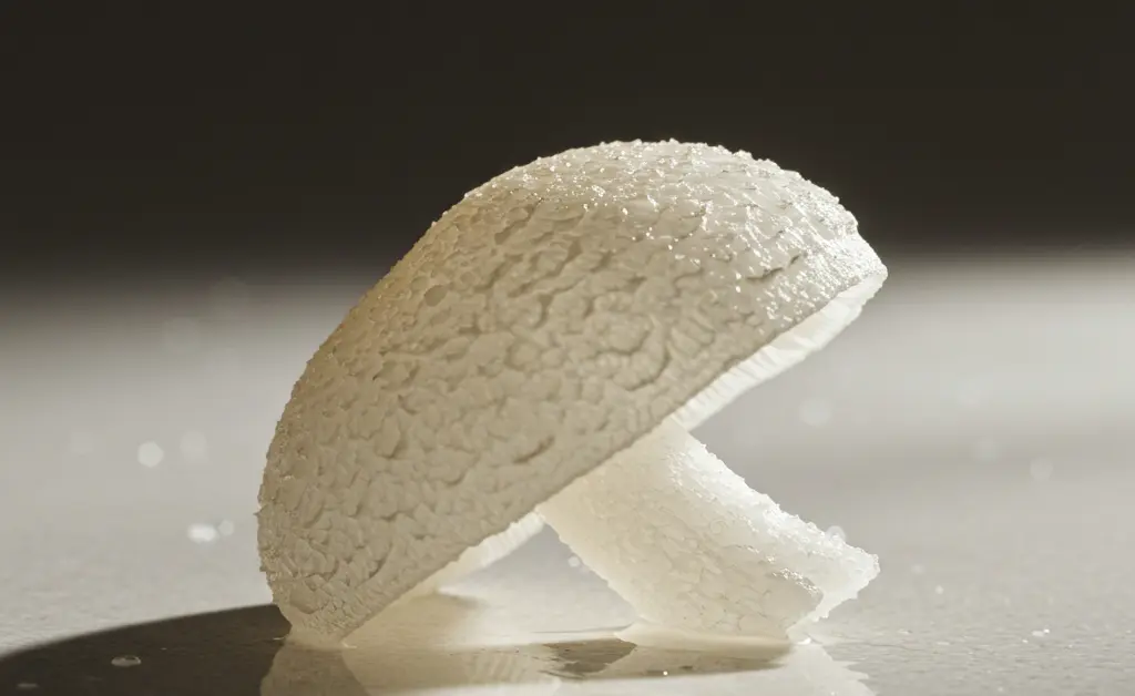 A close-up, photorealistic image showcases the translucent, delicate appearance of a fresh tremella mushroom, emphasizing its natural hydrating potential for skin.
