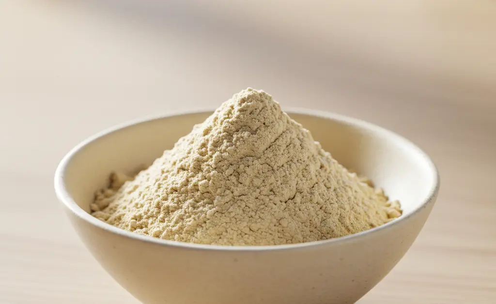 A close-up shot displays fine white tremella mushroom powder in a delicate porcelain bowl, prepared for use on a minimalist wooden surface.