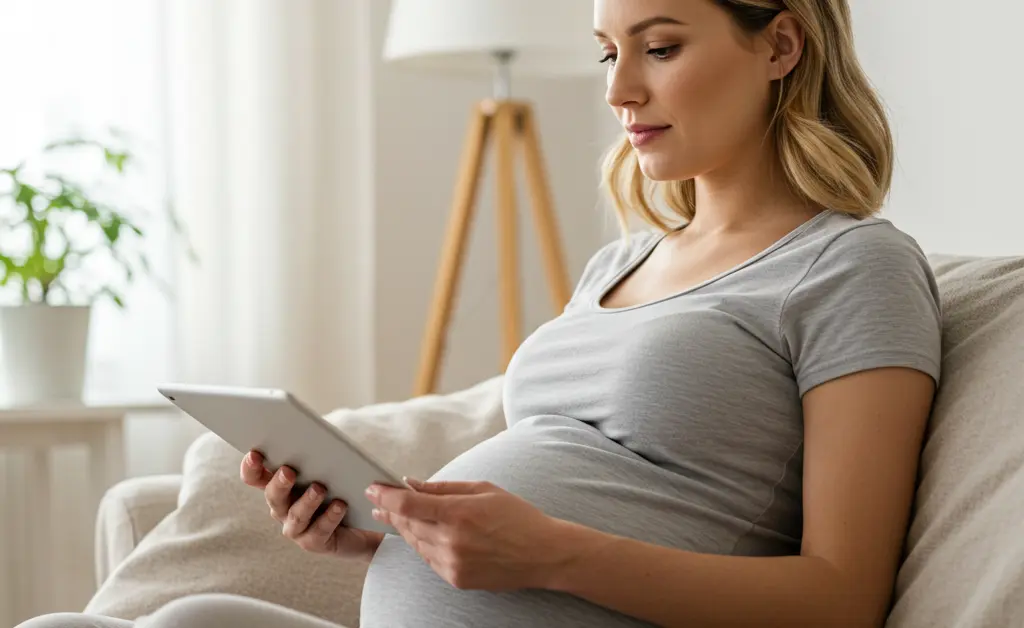 A pregnant woman thoughtfully reviews information about health supplements, with the topic of tremella mushroom pregnancy being part of her careful consideration for well-being.