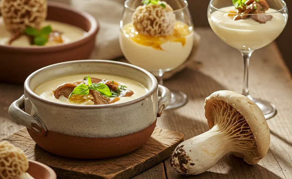 This inviting photograph displays several delicious tremella mushroom recipes, including a comforting soup and a refreshing dessert, arranged on a natural wood surface with soft, diffused lighting.