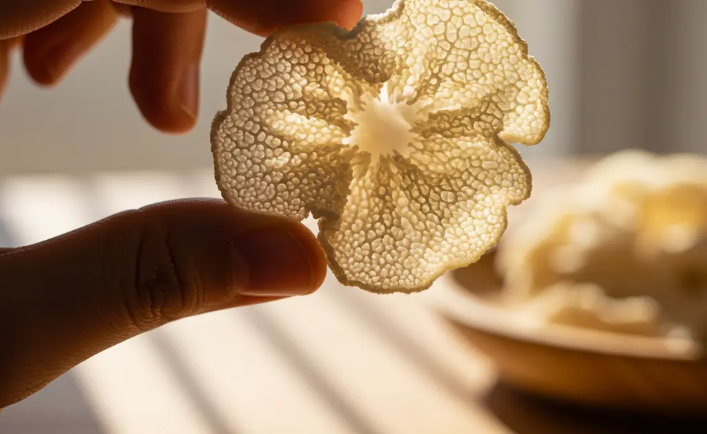 A hand gently holds a delicate tremella mushroom, encouraging thoughtful consideration of potential tremella mushroom side effects before consumption.