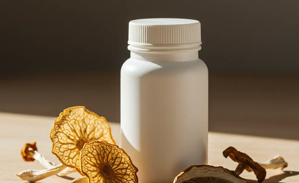 A sleek, minimalist bottle of tremella mushroom supplement is displayed next to dried tremella mushrooms on a light-colored, natural wood surface, emphasizing its natural origin.