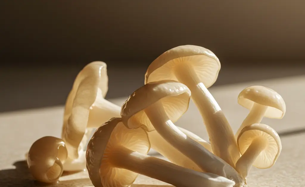Displayed in a minimalist still life, fresh, translucent tremella mushrooms provide a visual anchor for understanding tremella mushroom vs collagen in health and wellness.