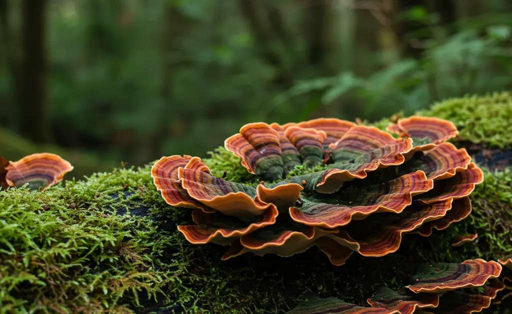 A close-up shot of vibrant, layered turkey tail mushrooms growing on a moss-covered fallen log in a lush New Zealand forest beautifully showcases the potential turkey tail mushroom nz benefits for natural wellness.