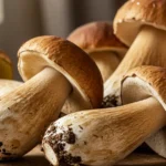 This detailed editorial photograph beautifully illustrates what is porcini mushroom, showcasing its distinctive cap, stem, and earthy texture on a rustic wooden surface.