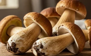 This detailed editorial photograph beautifully illustrates what is porcini mushroom, showcasing its distinctive cap, stem, and earthy texture on a rustic wooden surface.